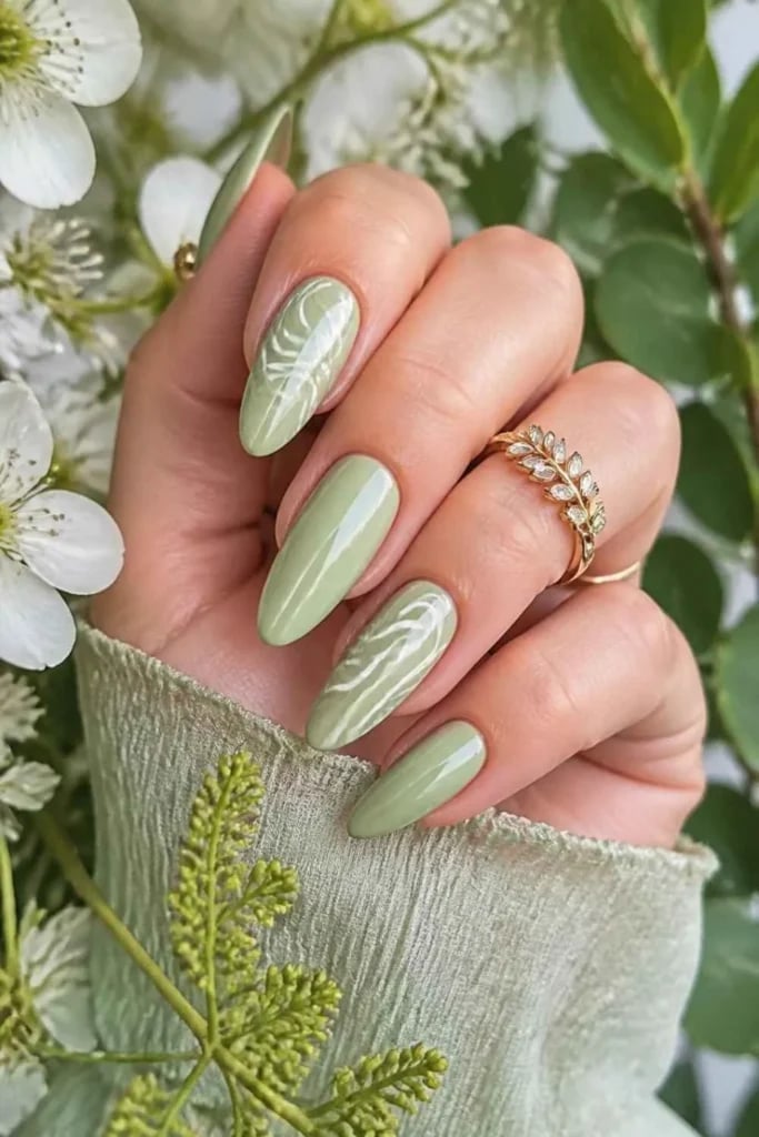 Sage Green Abstract Line Art Long Oval Nails Sage Green Abstract Line Art Long Oval Nails — Trendy Long Nails