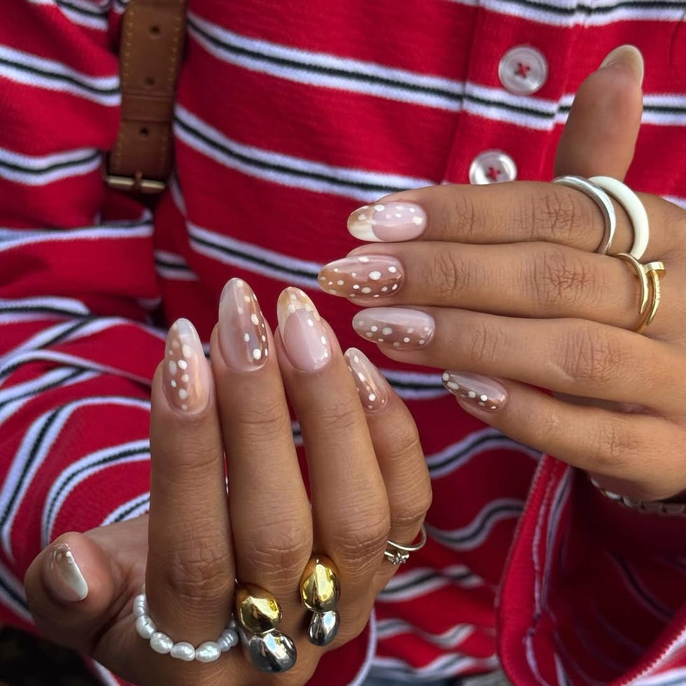 Nude Base White Brown Dot Pattern Long Almond Nails Nude Base White Brown Dot Pattern Long Almond Nails — Trendy Long Nails