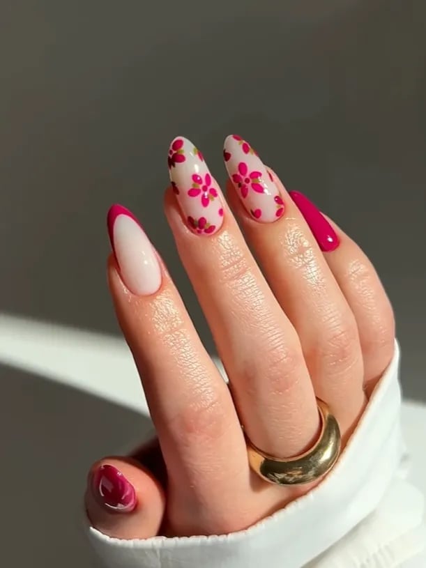 Floral Pink White French Long Almond Nails Floral Pink White French Long Almond Nails — Trendy Long Nails