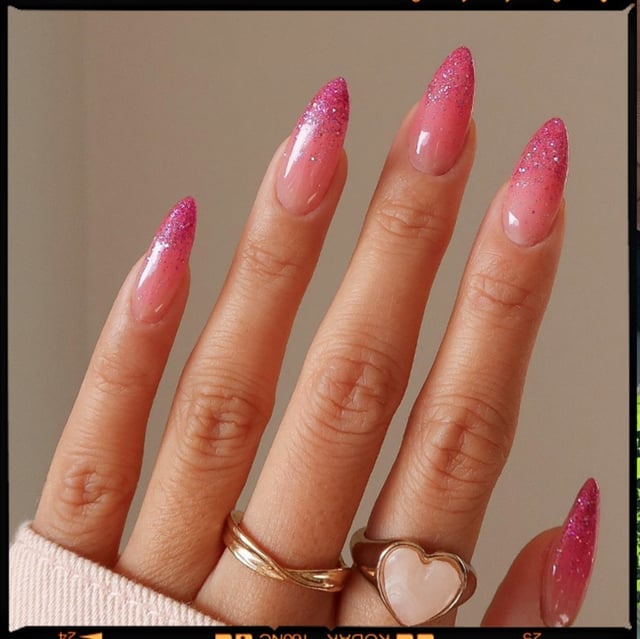 Glitter Magenta Tip Ombre Long Stiletto Nails Glitter Magenta Tip Ombre Long Stiletto Nails — Trendy Long Nails