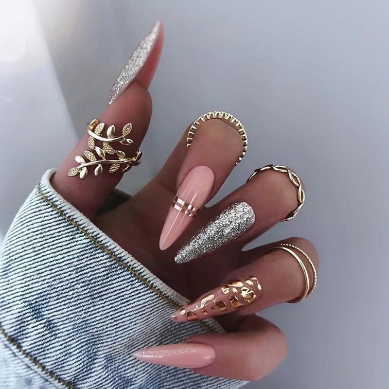 Pale Pink Glitter Gold Abstract Long Sharp Nails Pale Pink Glitter Gold Abstract Long Sharp Nails — Trendy Long Nails