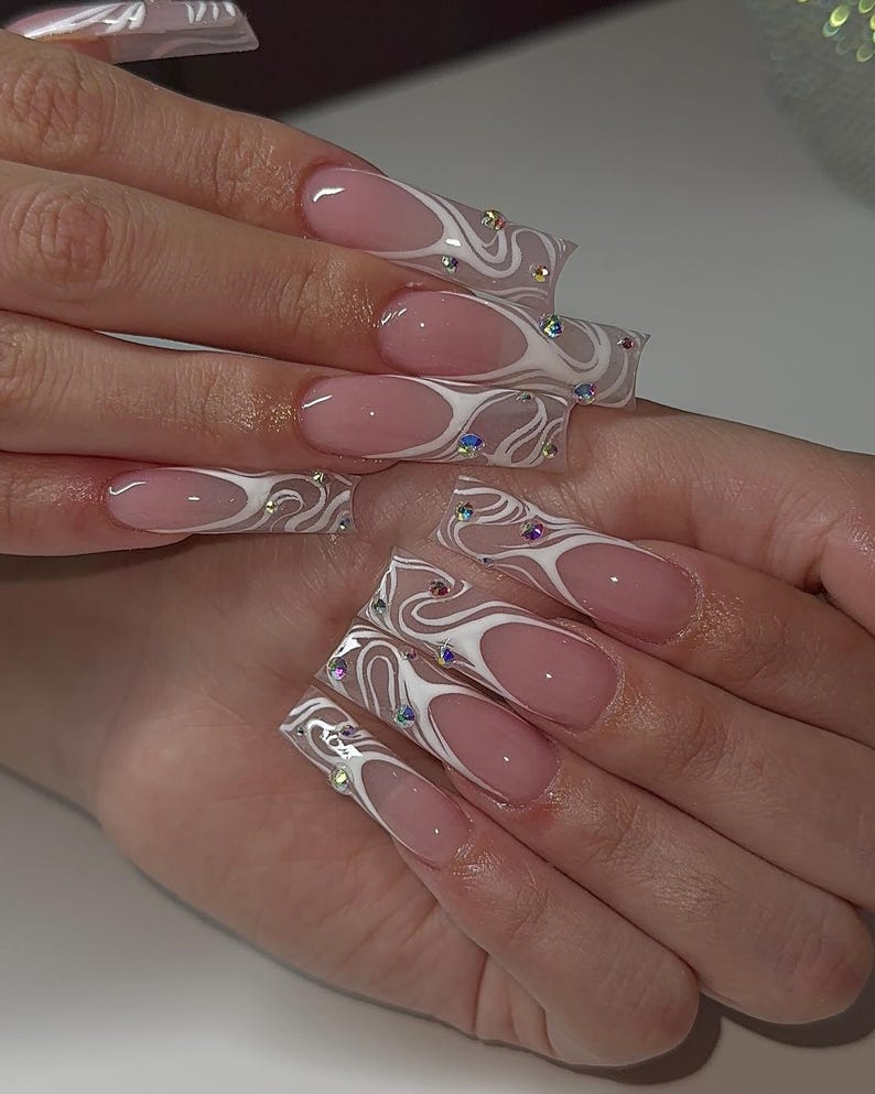 White Abstract Swirl Rhinestone Extra Long Square Nails White Abstract Swirl Rhinestone Extra Long Square Nails — Trendy Long Nails