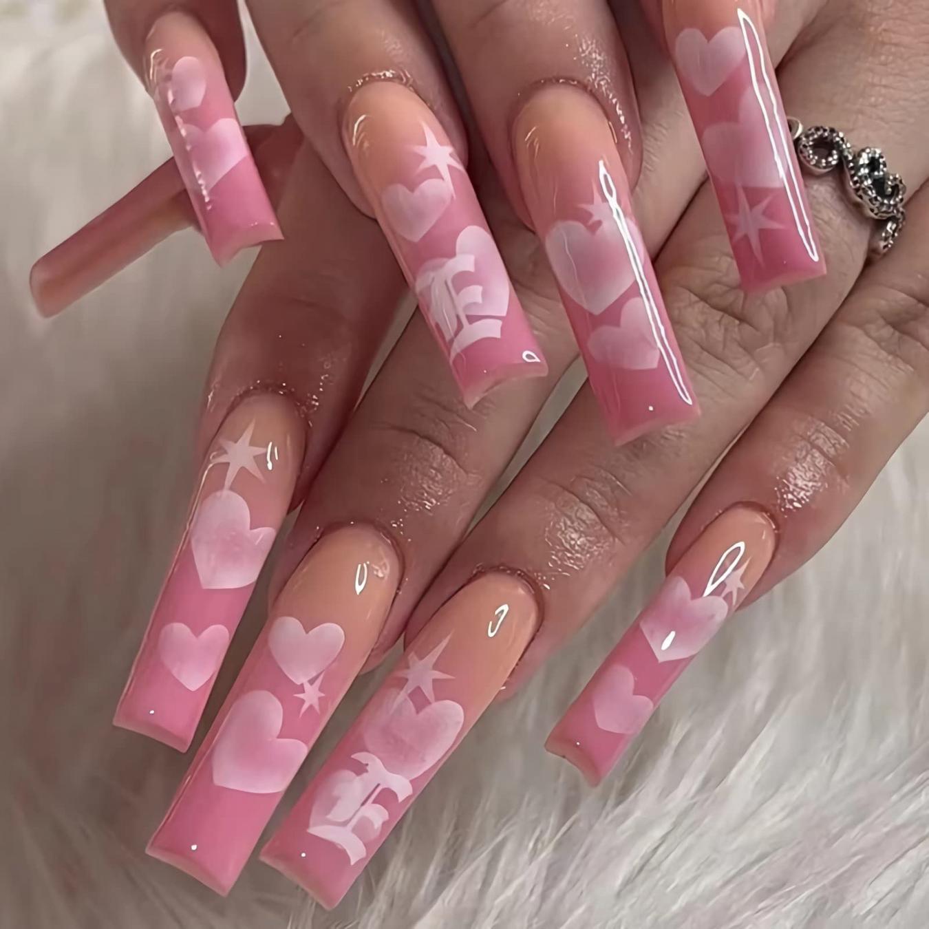 White Heart Star Letter Pink Peach Ombre Extra Long Coffin Nails White Heart Star Letter Pink Peach Ombre Extra Long Coffin Nails — Trendy Long Nails