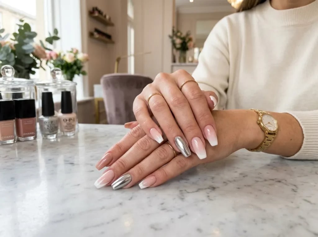 Chrome Accent Nude To White Ombre Long Coffin Nails Chrome Accent Nude To White Ombre Long Coffin Nails — Trendy Long Nails