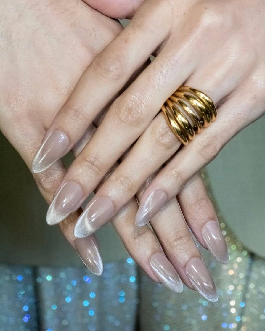 Silver Cat Eye French Tip Long Stiletto Nails Silver Cat Eye French Tip Long Stiletto Nails — Trendy Long Nails
