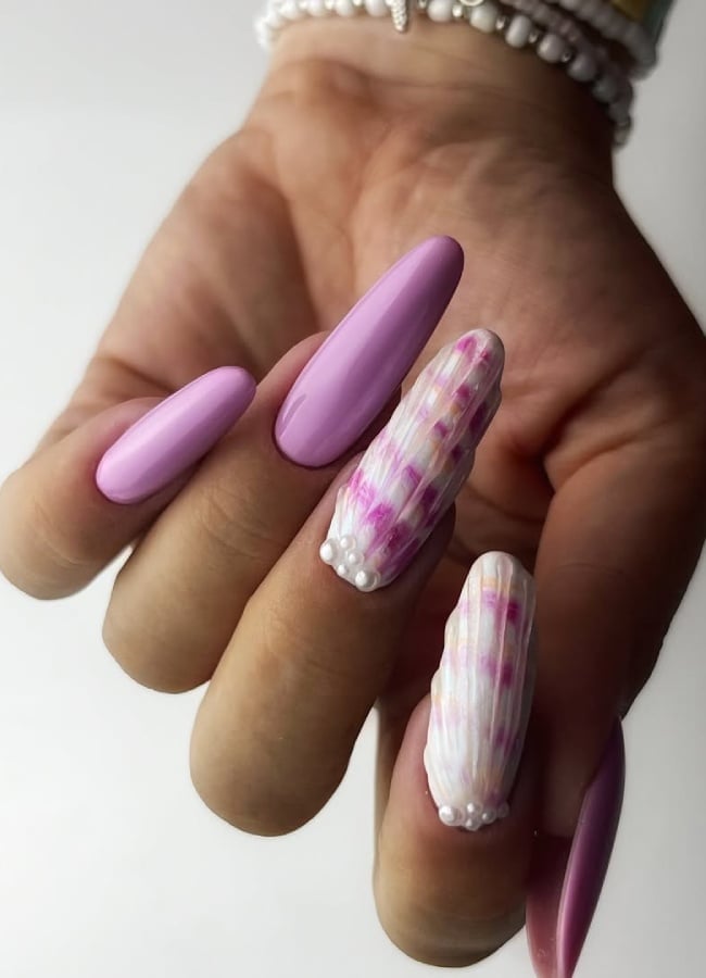 Lilac 3D Shell Texture Long Oval Nails Lilac 3D Shell Texture Long Oval Nails — Trendy Long Nails