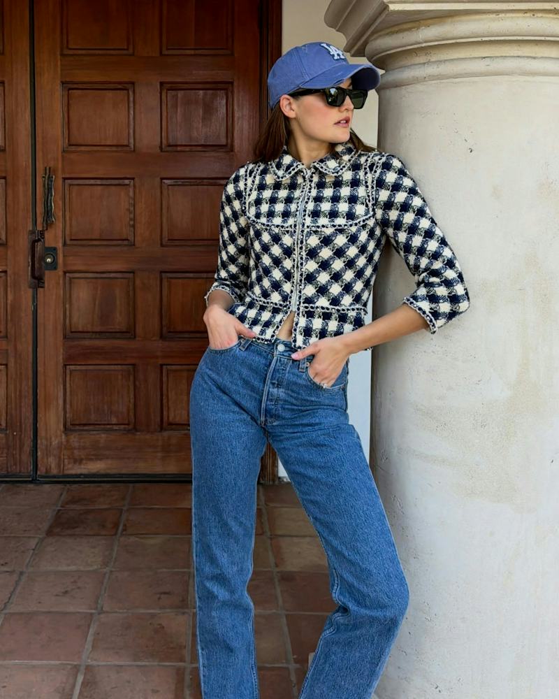 Checkered Jacket Tops Straight Leg Jeans Checkered Jacket Tops Straight Leg Jeans — Trendy Los Angeles Outfits