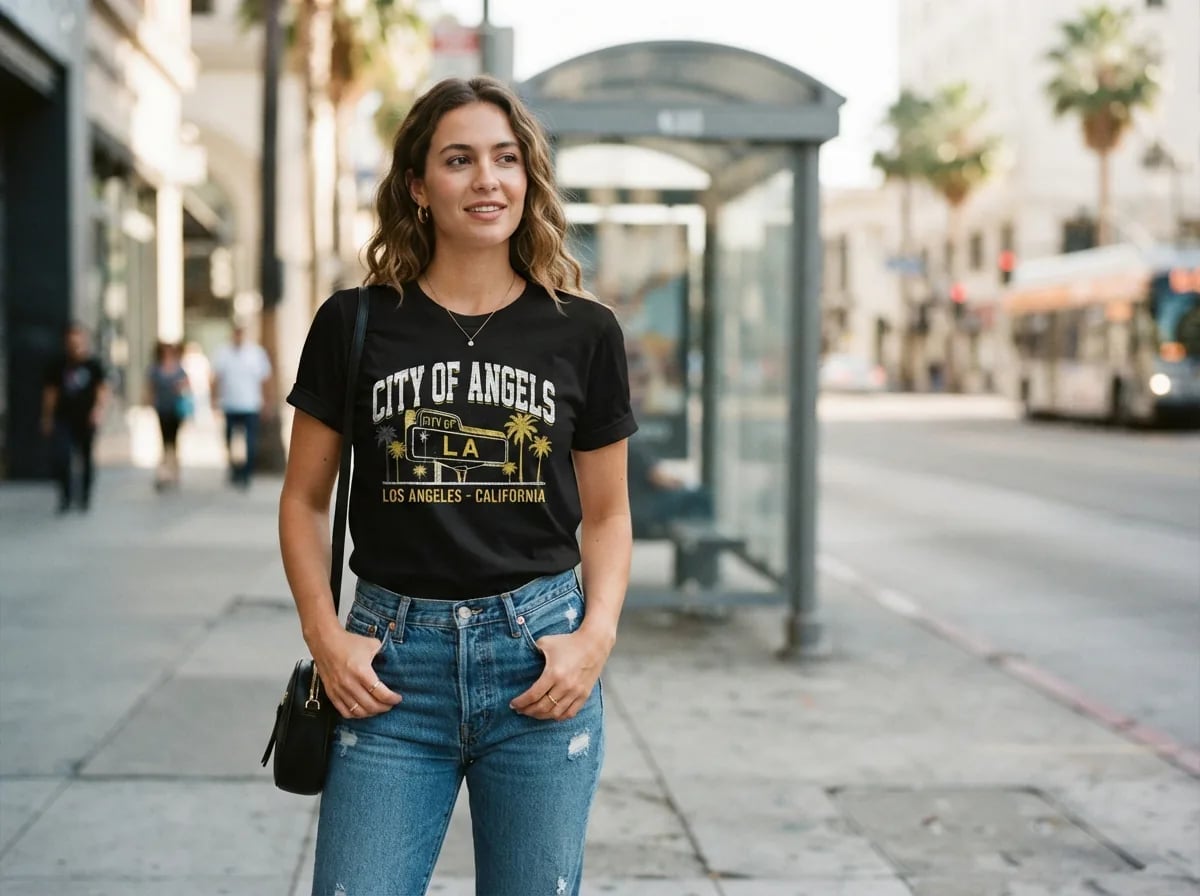 LA Graphic Tee with Classic Denim, The Palette Includes Black LA Graphic Tee with Classic Denim, The Palette Includes Black — Trendy Los Angeles Outfits
