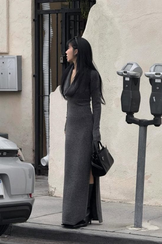 Grey Knit Maxi Dress and Cardigan Set, Close-Up Take Grey Knit Maxi Dress and Cardigan Set, Close-Up Take — Trendy Los Angeles Outfits