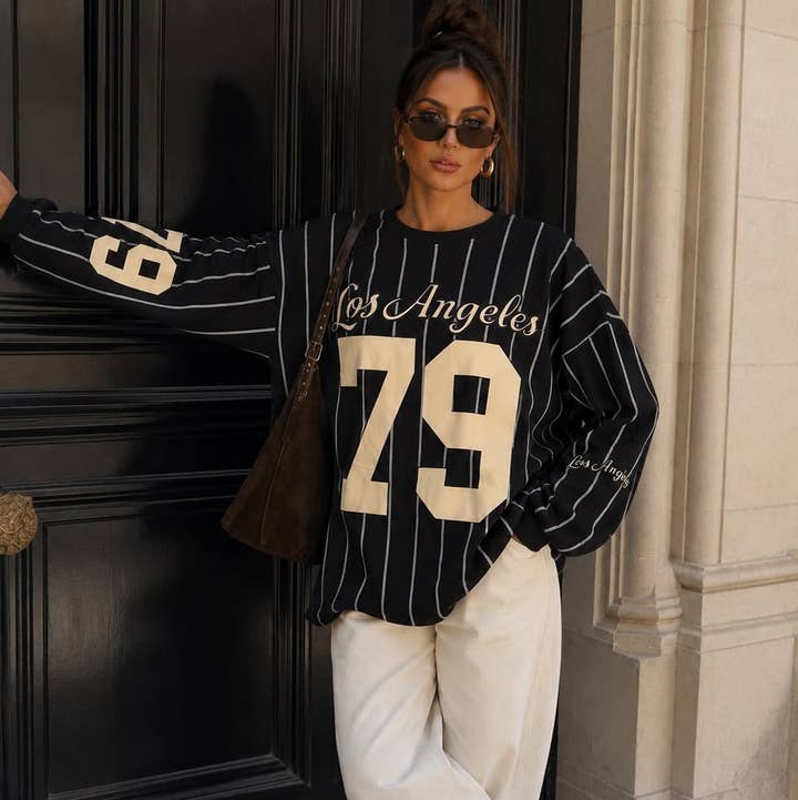 Pinstripe Sweatshirt with Cream Trousers and Cotton Blend Pinstripe Sweatshirt with Cream Trousers and Cotton Blend — Trendy Los Angeles Outfits