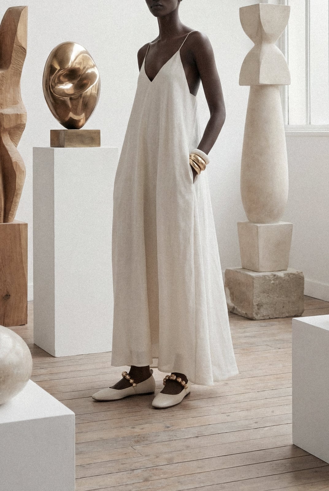 Cream Linen Maxi Dress with Embellished Ballet Flats Cream Linen Maxi Dress with Embellished Ballet Flats — Trendy Luxury Outfits