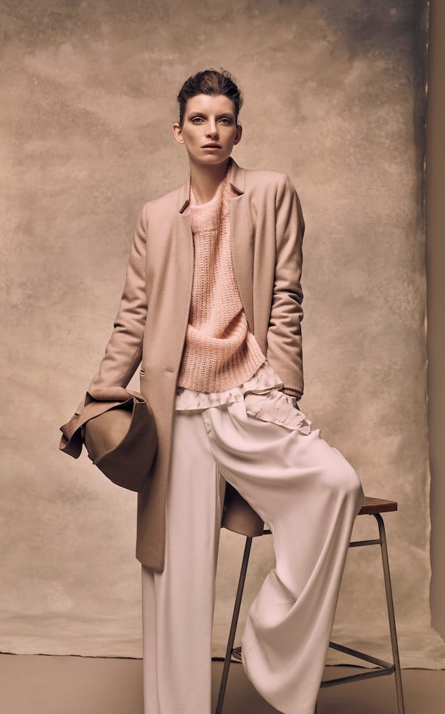 Beige Coat Over Pink Sweater and Silk Trousers Beige Coat Over Pink Sweater and Silk Trousers — Trendy Luxury Outfits