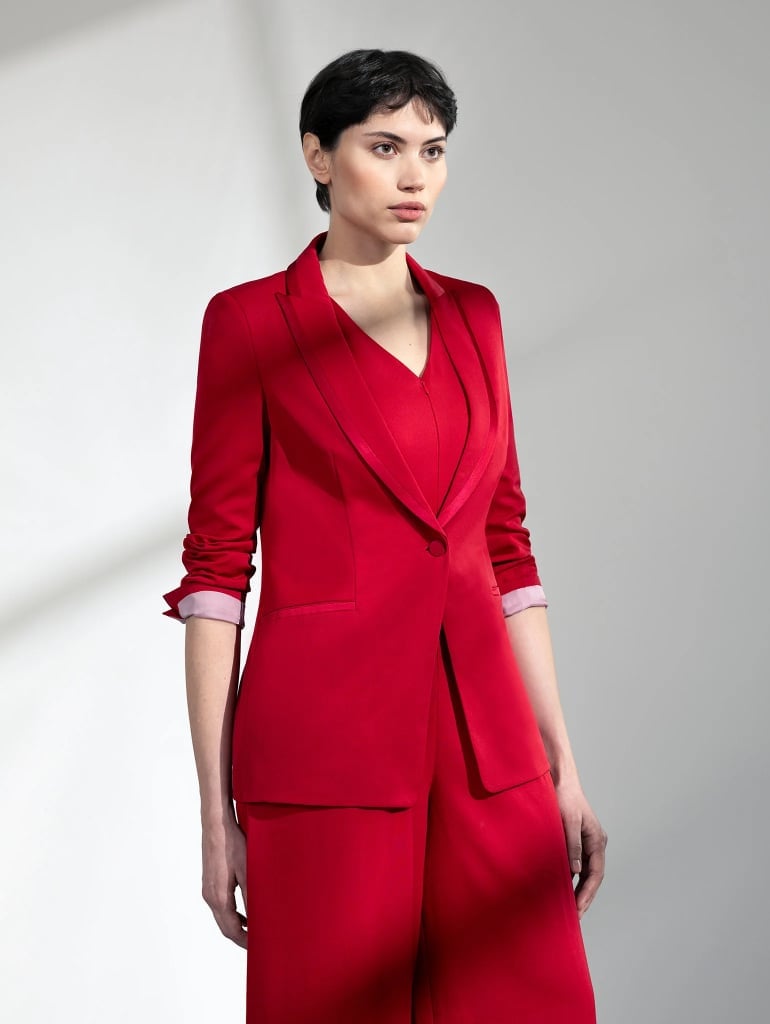 Red Satin Blazer and Matching Trousers Red Satin Blazer and Matching Trousers — Trendy Luxury Outfits