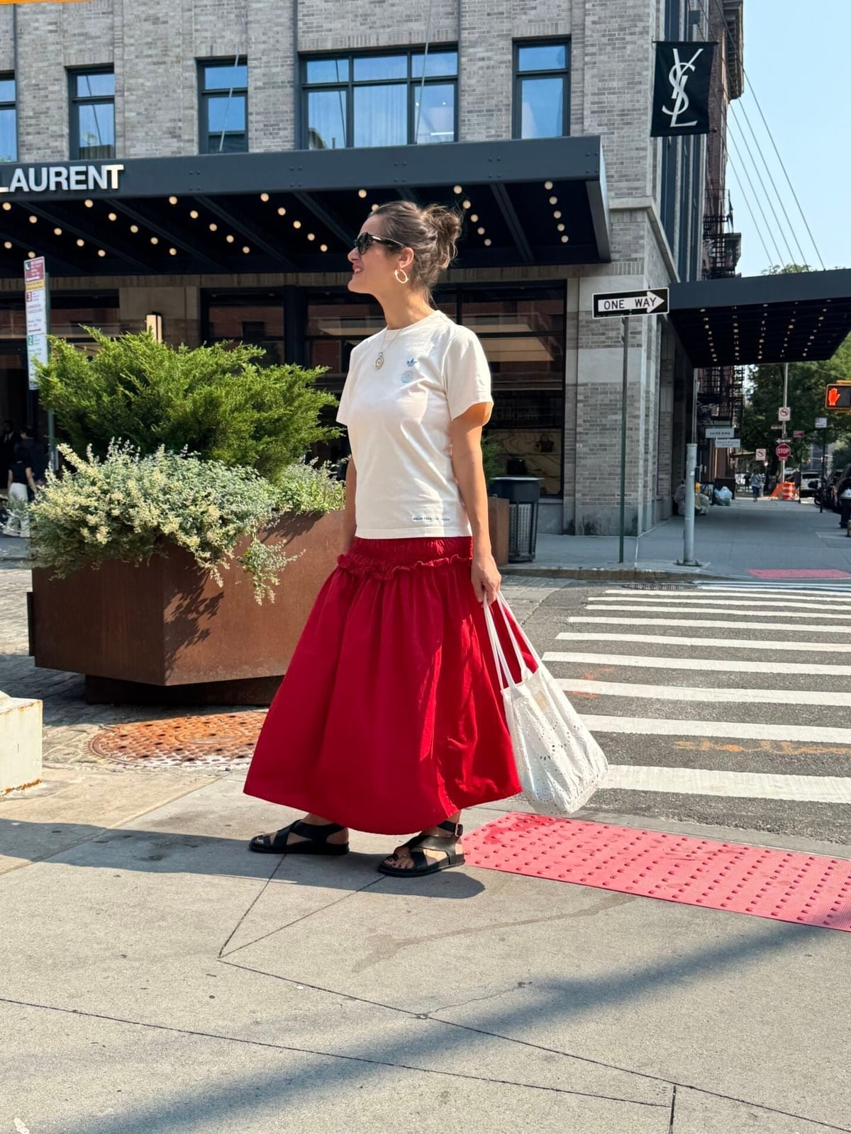 White T-Shirt with Voluminous Red Maxi Skirt White T-Shirt with Voluminous Red Maxi Skirt — Trendy Luxury Outfits