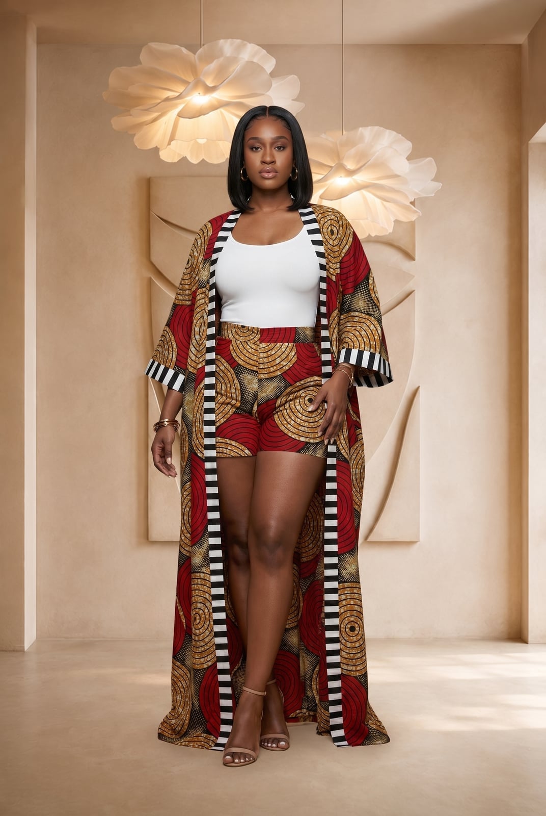 Printed Kimono with White Tank and Shorts Printed Kimono with White Tank and Shorts — Trendy Luxury Outfits