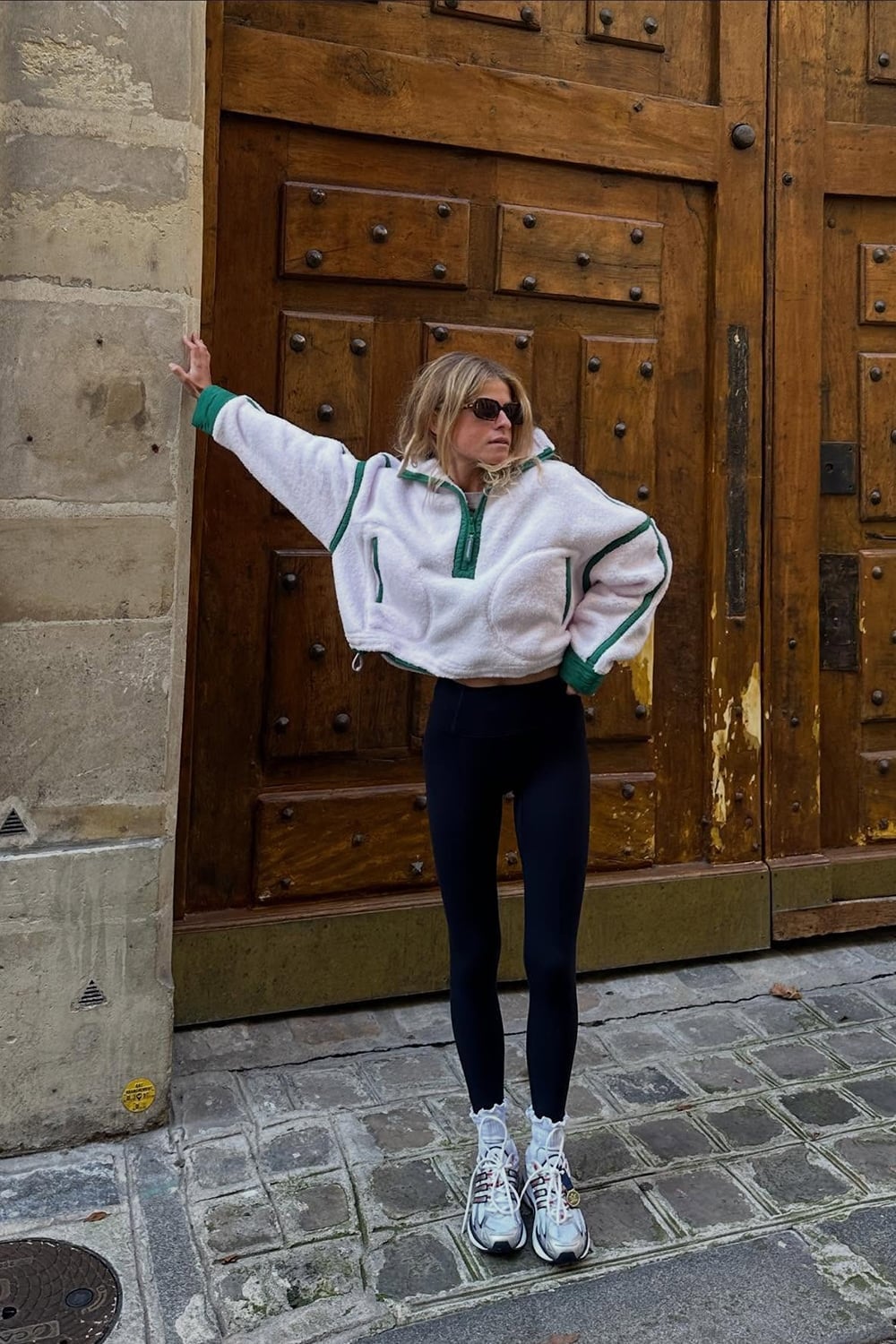 White Fleece Jacket with Green Trim and Leggings White Fleece Jacket with Green Trim and Leggings — Trendy Luxury Outfits