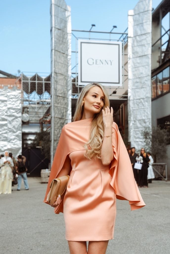 Peach Satin Cape Dress for Evening Luxury Peach Satin Cape Dress for Evening Luxury — Trendy Luxury Outfits