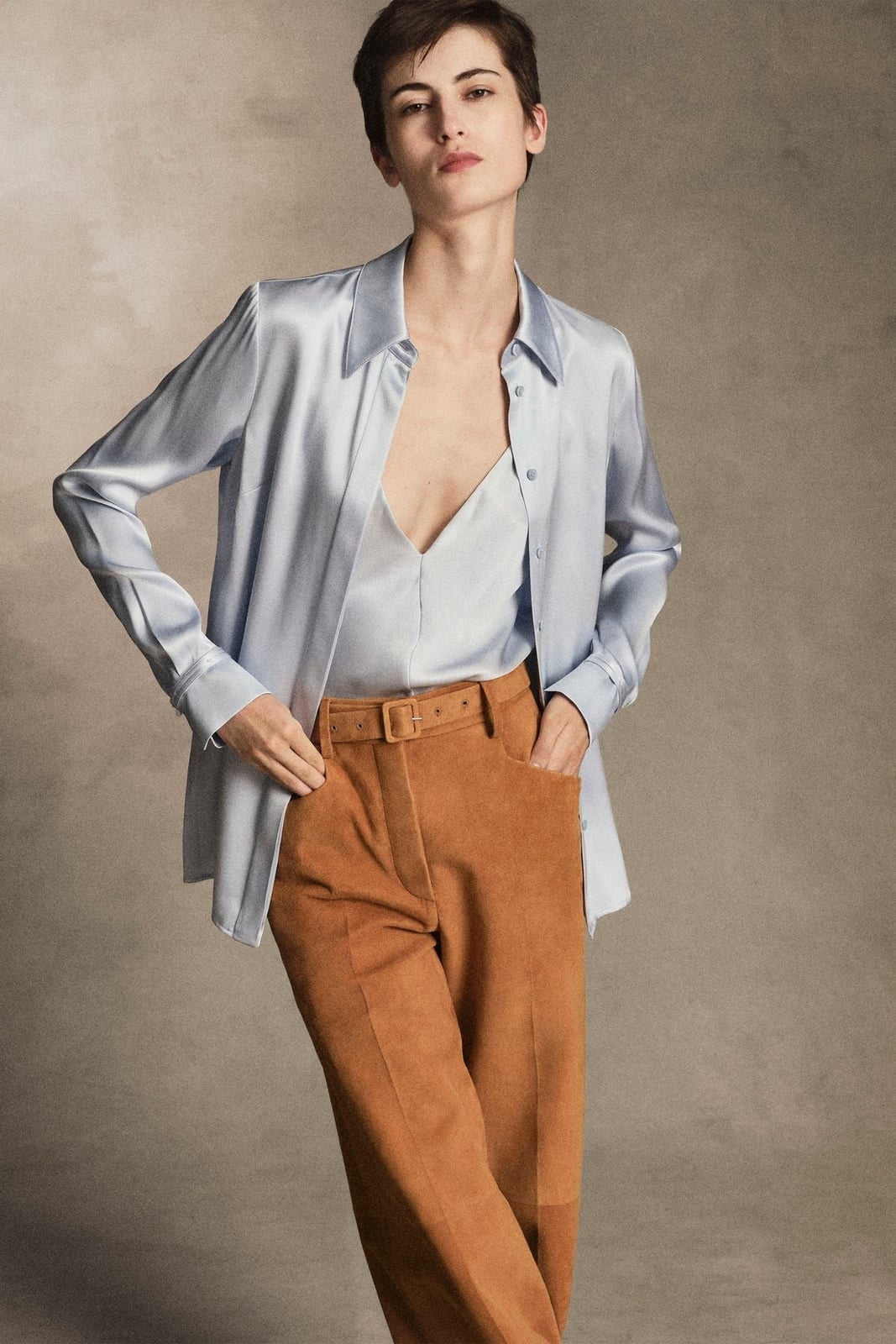 Light Blue Silk Shirt and Tan Suede Trousers Light Blue Silk Shirt and Tan Suede Trousers — Trendy Luxury Outfits