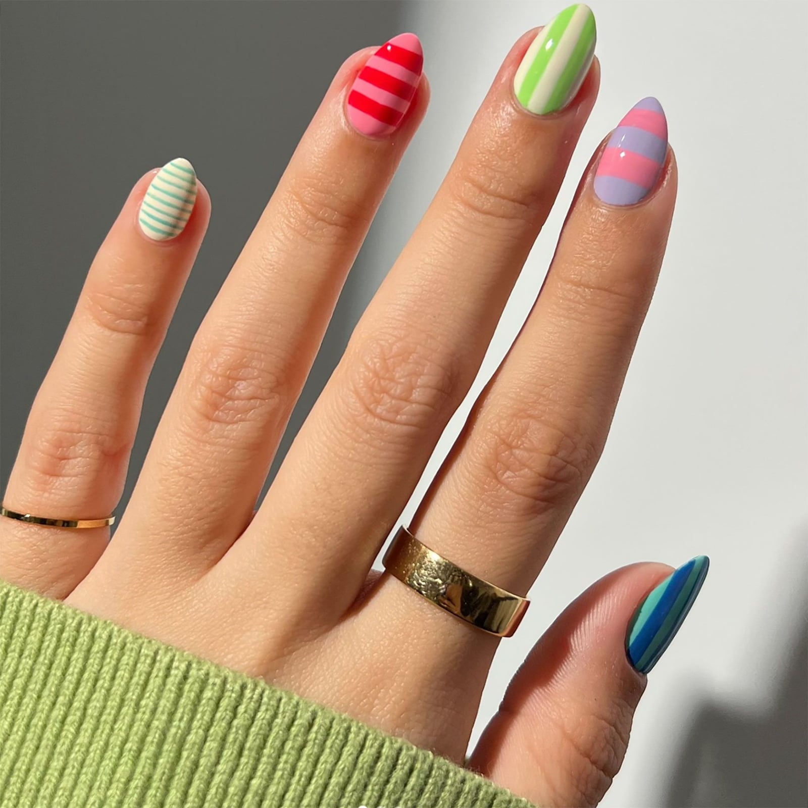 Medium Almond Bold Stripe Color Block Nails Medium Almond Bold Stripe Color Block Nails — Trendy Manicure Nails