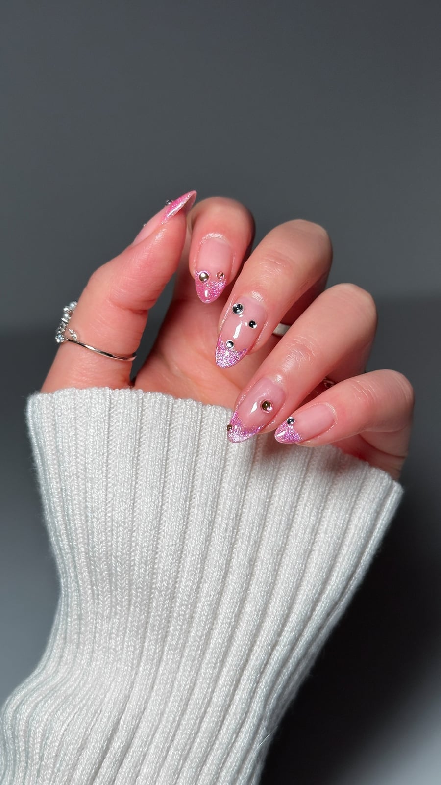 Medium Almond Silver French Tip with Rhinestones Medium Almond Silver French Tip with Rhinestones — Trendy Manicure Nails