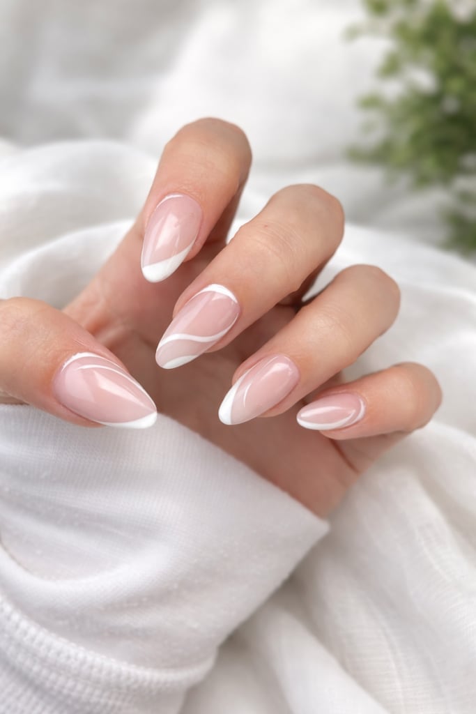 Medium Almond White Line Abstract French Nails Medium Almond White Line Abstract French Nails — Trendy Manicure Nails