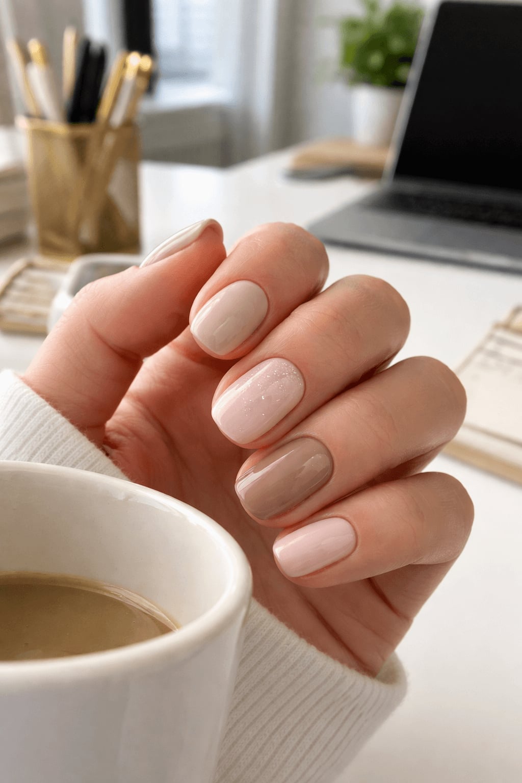 Short Square Neutral Glitter Accent Nails Short Square Neutral Glitter Accent Nails — Trendy Manicure Nails