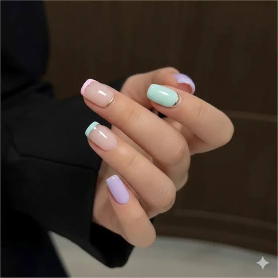 Short Square Pastel French Tips with Gold Line Short Square Pastel French Tips with Gold Line — Trendy Manicure Nails