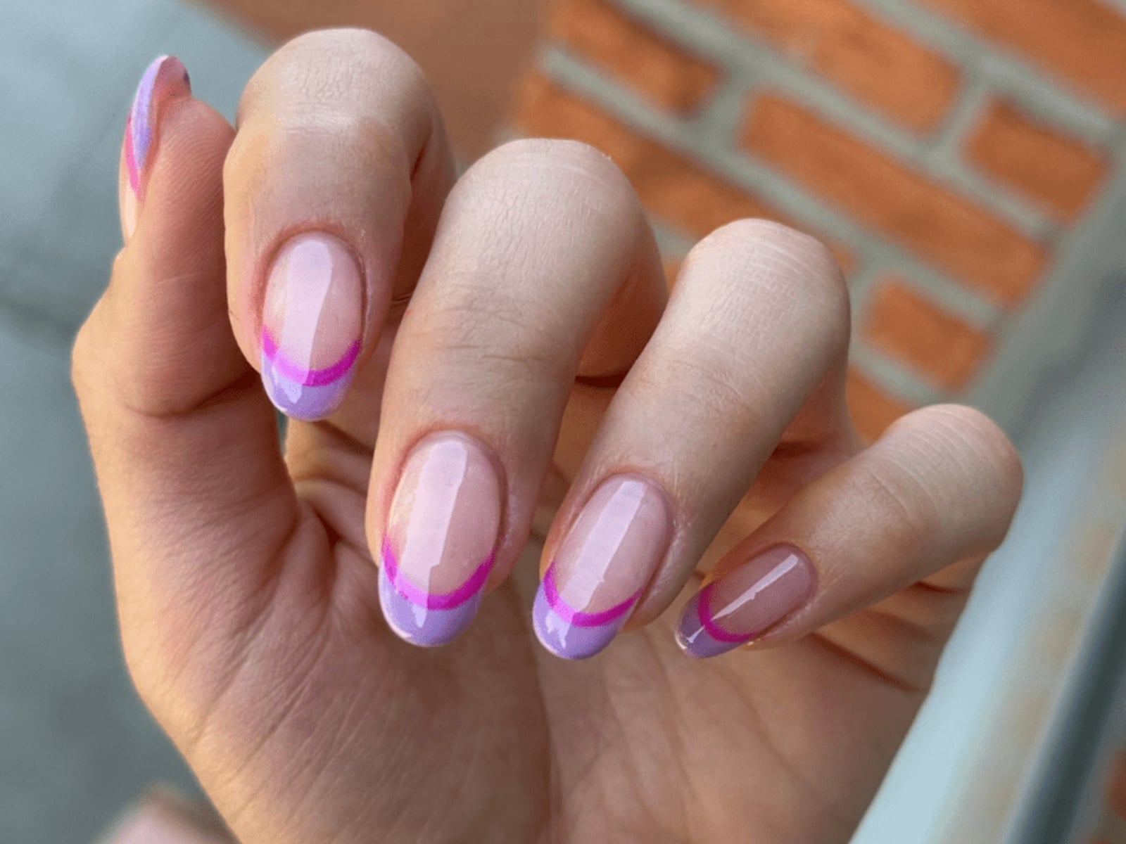 Short Oval Sheer Pink Neon Line Accent Nail Short Oval Sheer Pink Neon Line Accent Nail — Trendy Manicure Nails