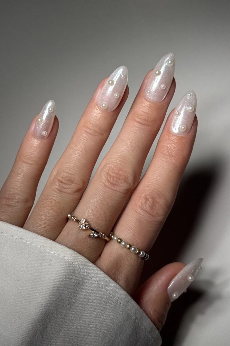 Long Almond Pearl Embellished Nails Long Almond Pearl Embellished Nails — Trendy Manicure Nails