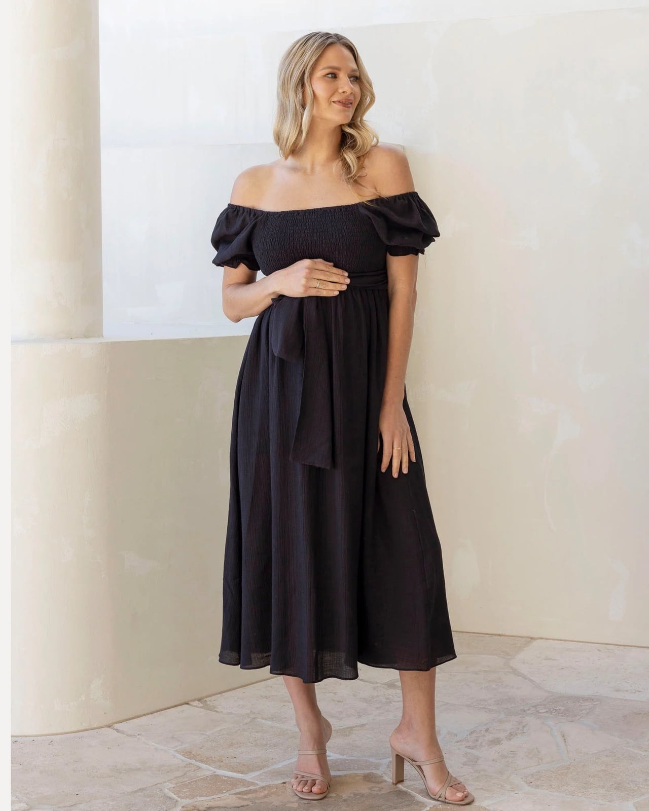 Black Off-Shoulder Dress With Smocked Bodice — Trendy Maternity Outfits