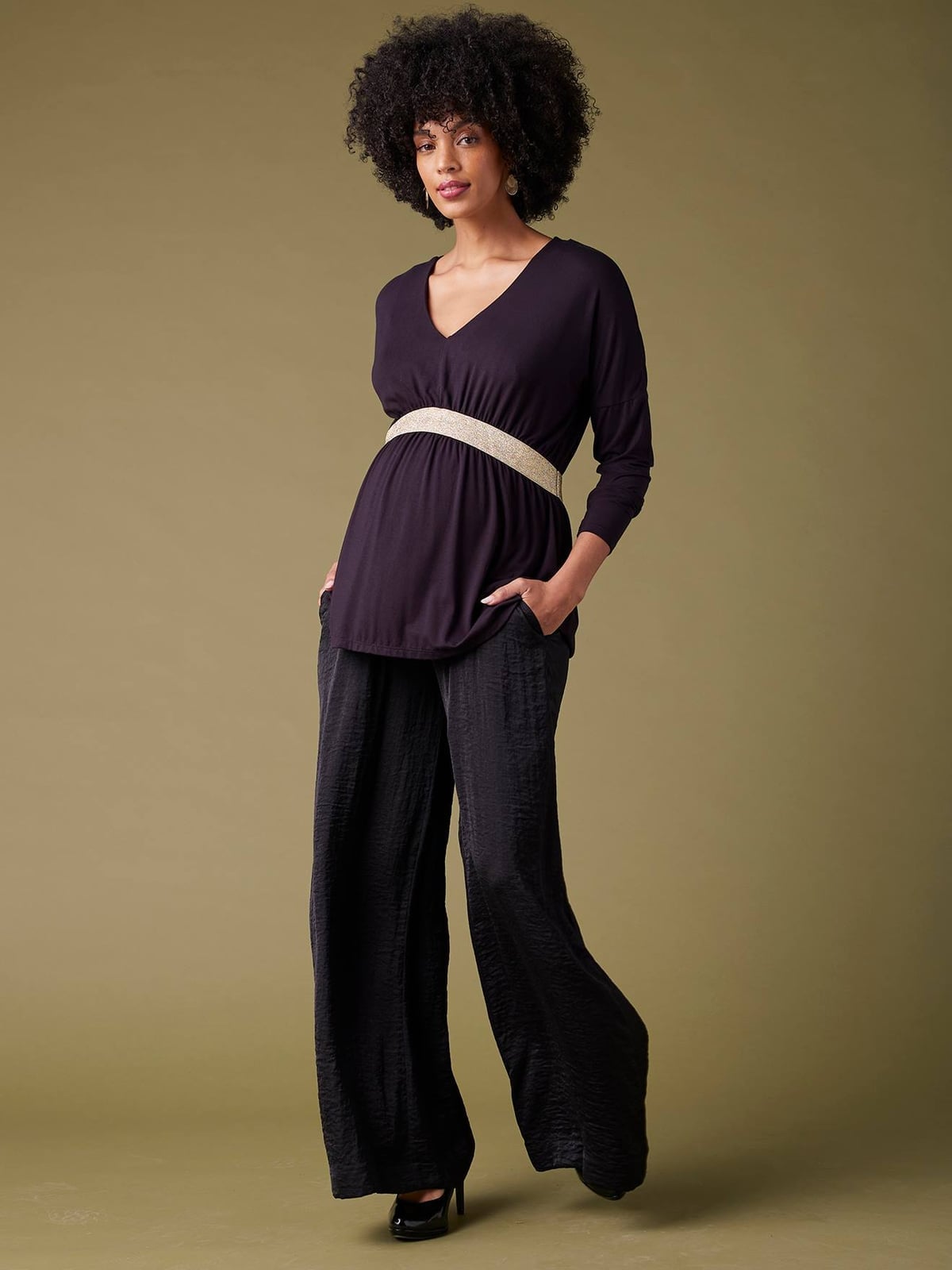 Dark Purple Top With Satin Trousers and Platform, Office-Safe Version — Trendy Maternity Outfits