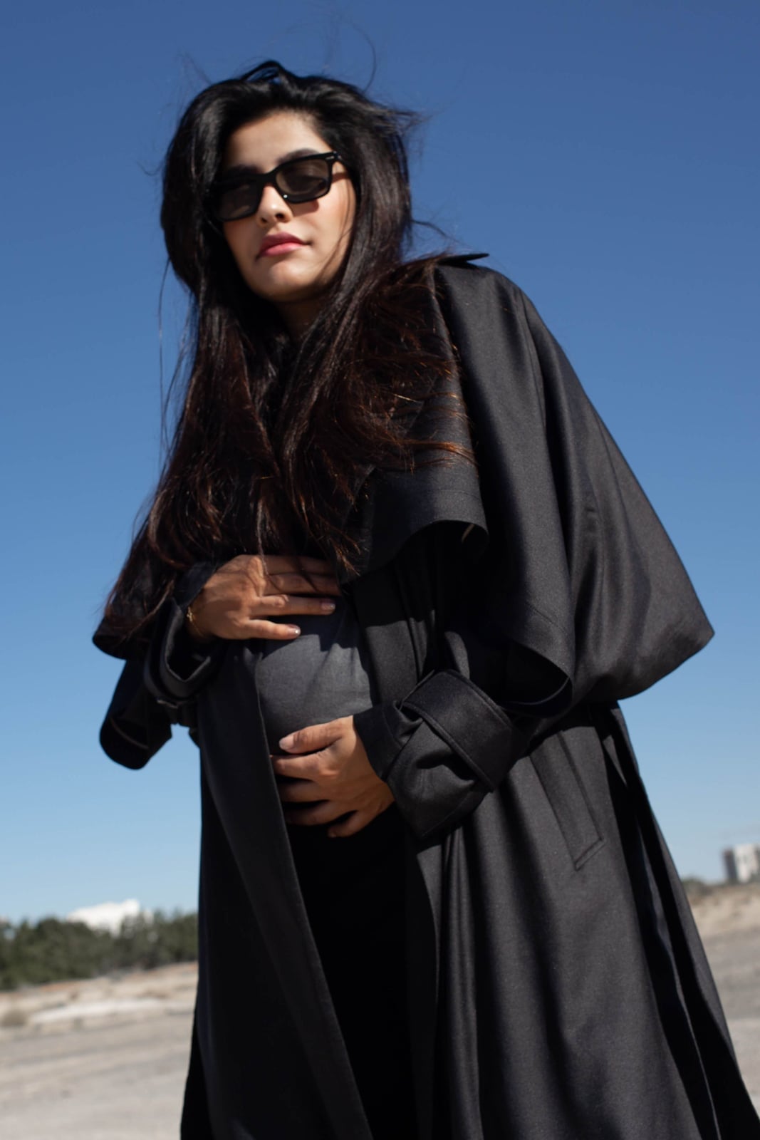 Oversized Coat Over Charcoal Jersey Dress, Office-Safe Version — Trendy Maternity Outfits