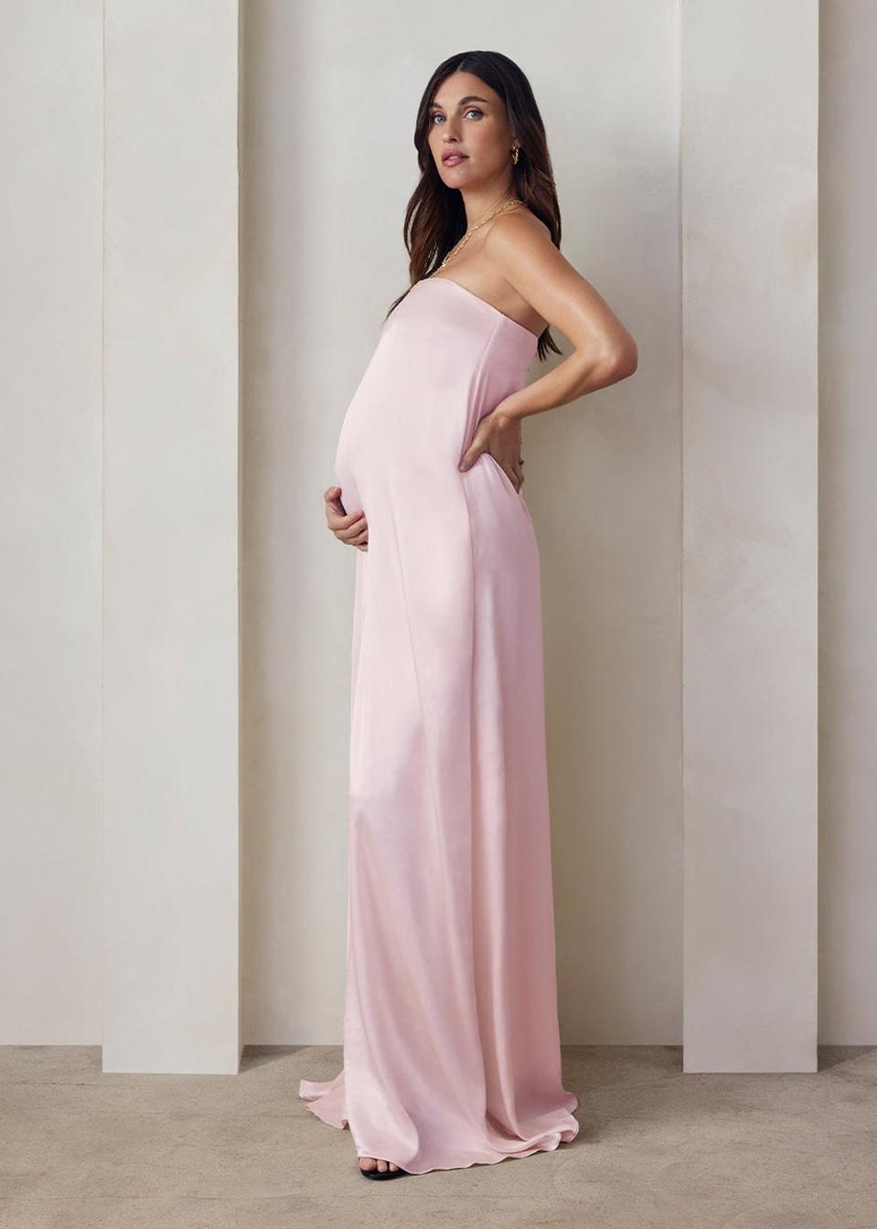 Pale Pink Satin Strapless Maxi Dress With Sandals — Trendy Maternity Outfits