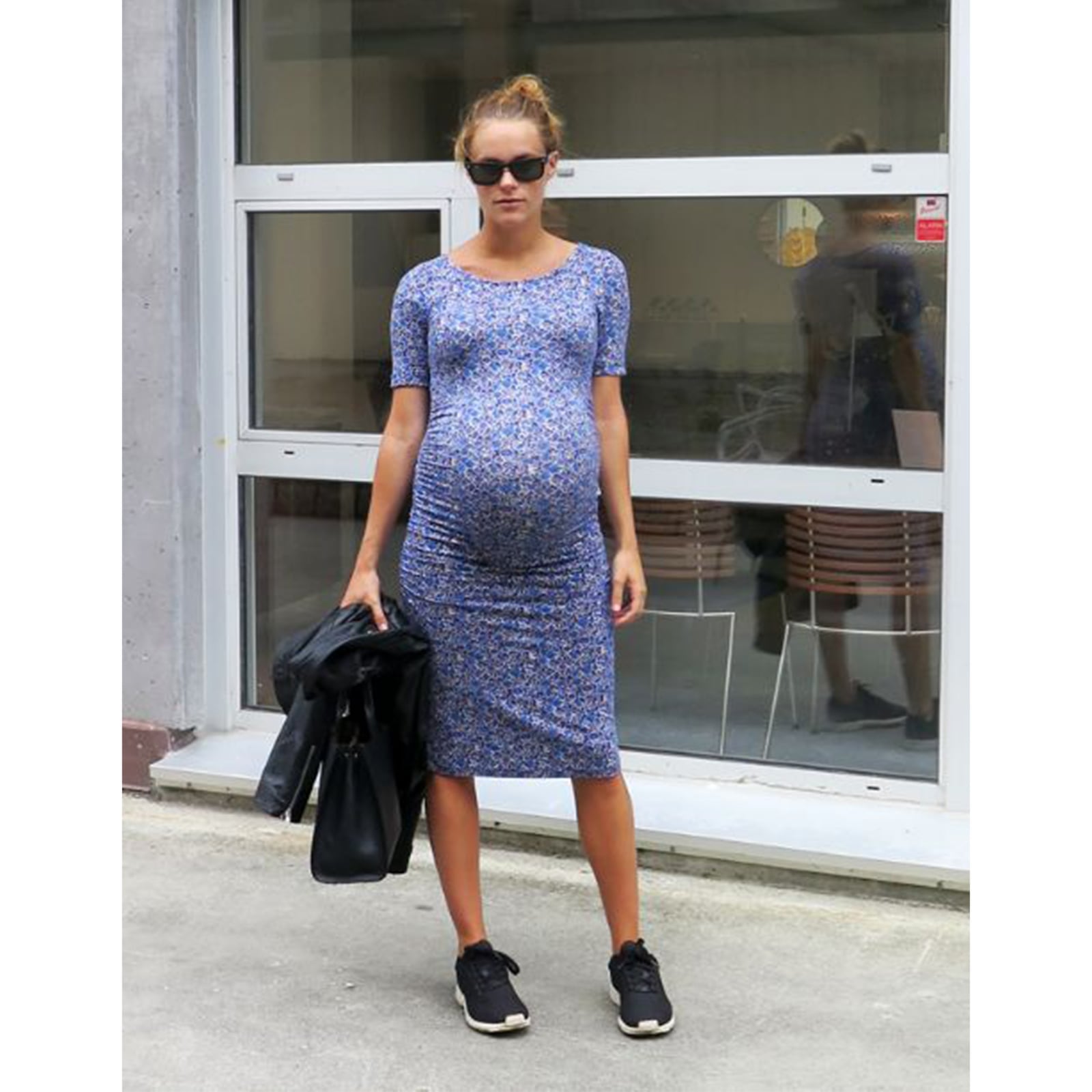 Blue Floral Ruched Dress With Sneakers and Leather Jacket — Trendy Maternity Outfits
