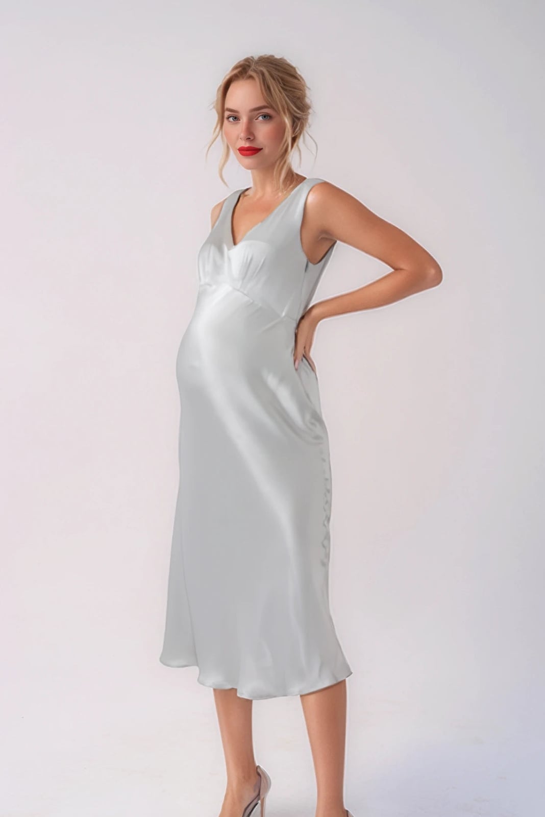 Silver Satin Slip Dress With Pink Heels — Trendy Maternity Outfits