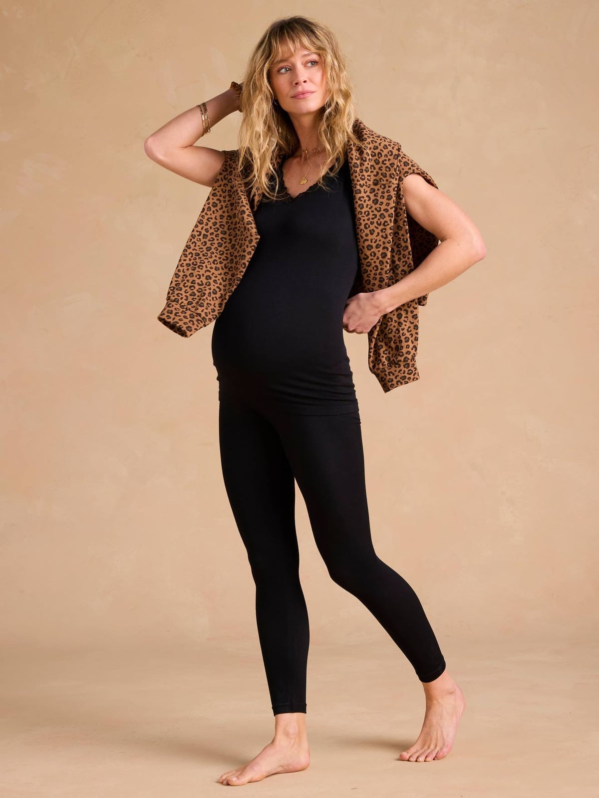 Leopard Print Cardigan Over Lace Trim Tank and Leggings — Trendy Maternity Outfits