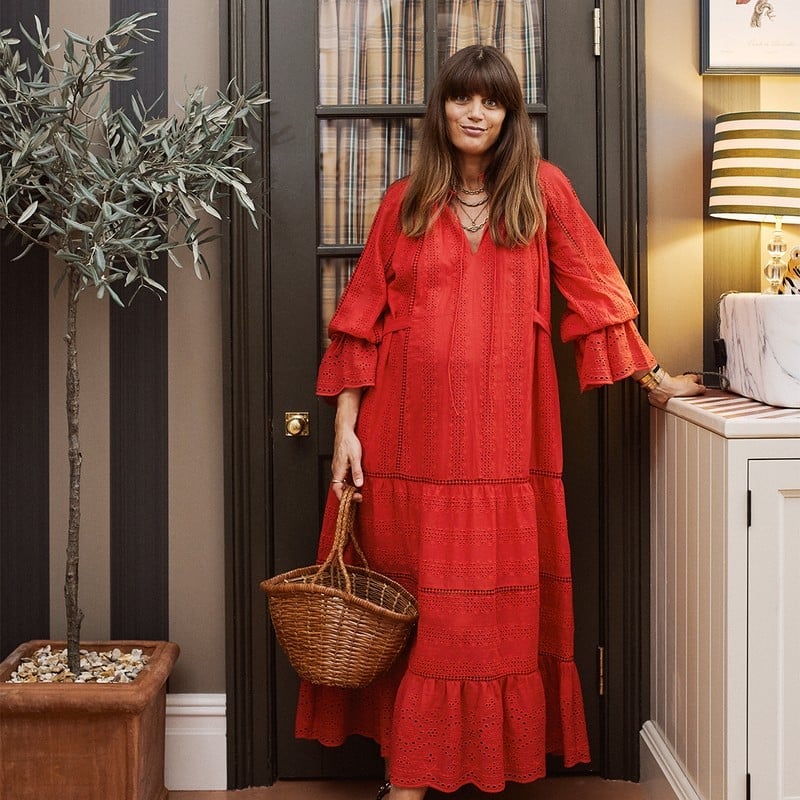 Red Tiered Eyelet Maxi Dress With Ruffled Sleeves — Trendy Maternity Outfits