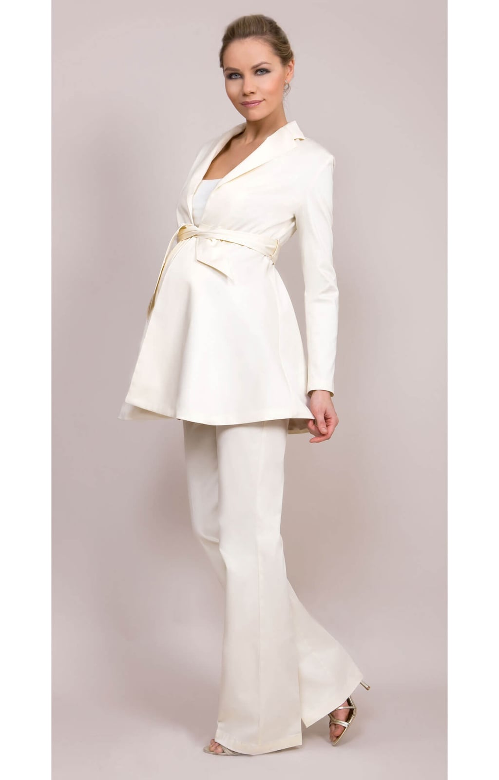 Cream Tailored Maternity Suit With Metallic Heels — Trendy Maternity Outfits