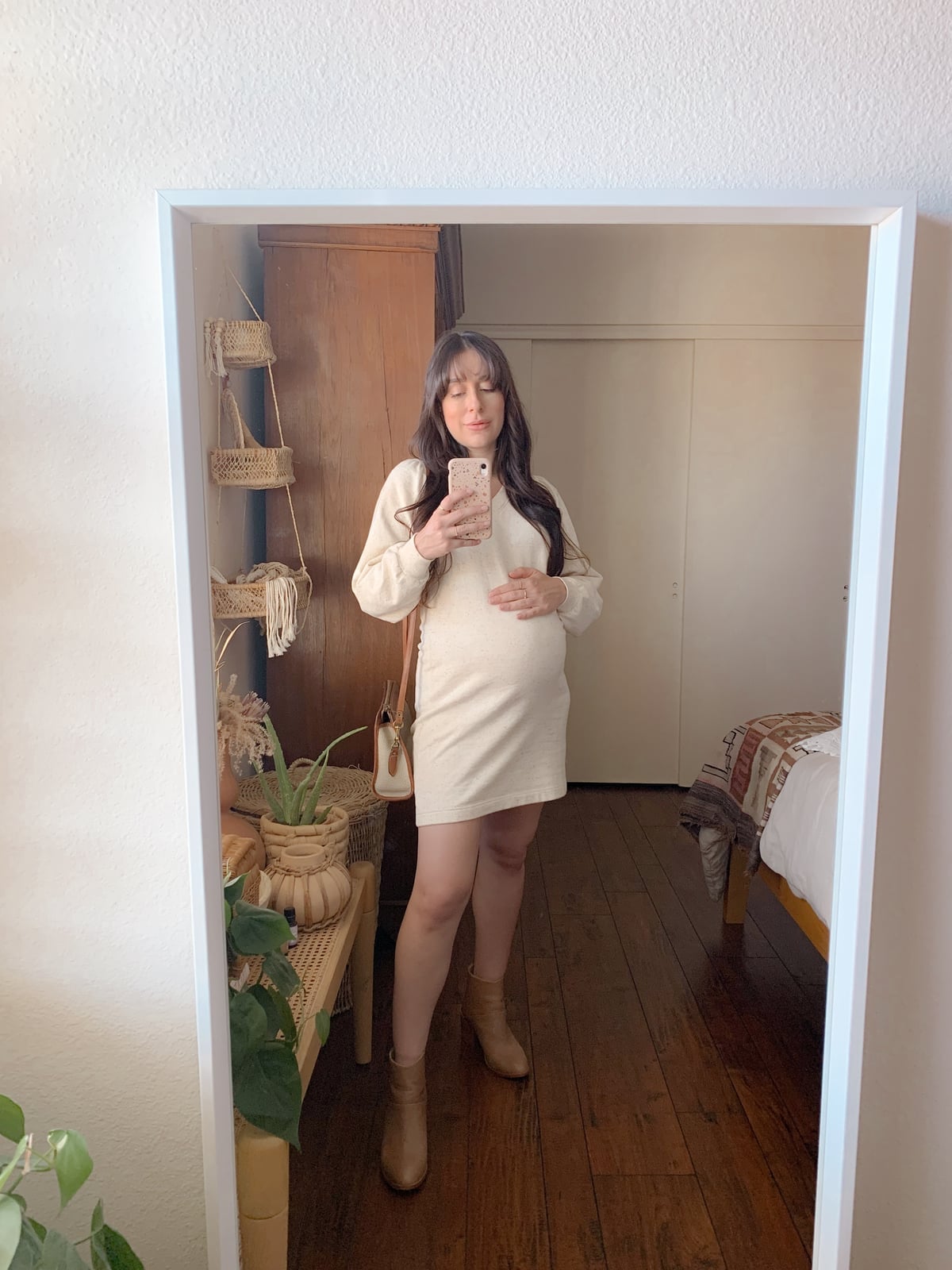 Textured Knit Mini Dress With Ankle Boots — Trendy Maternity Outfits