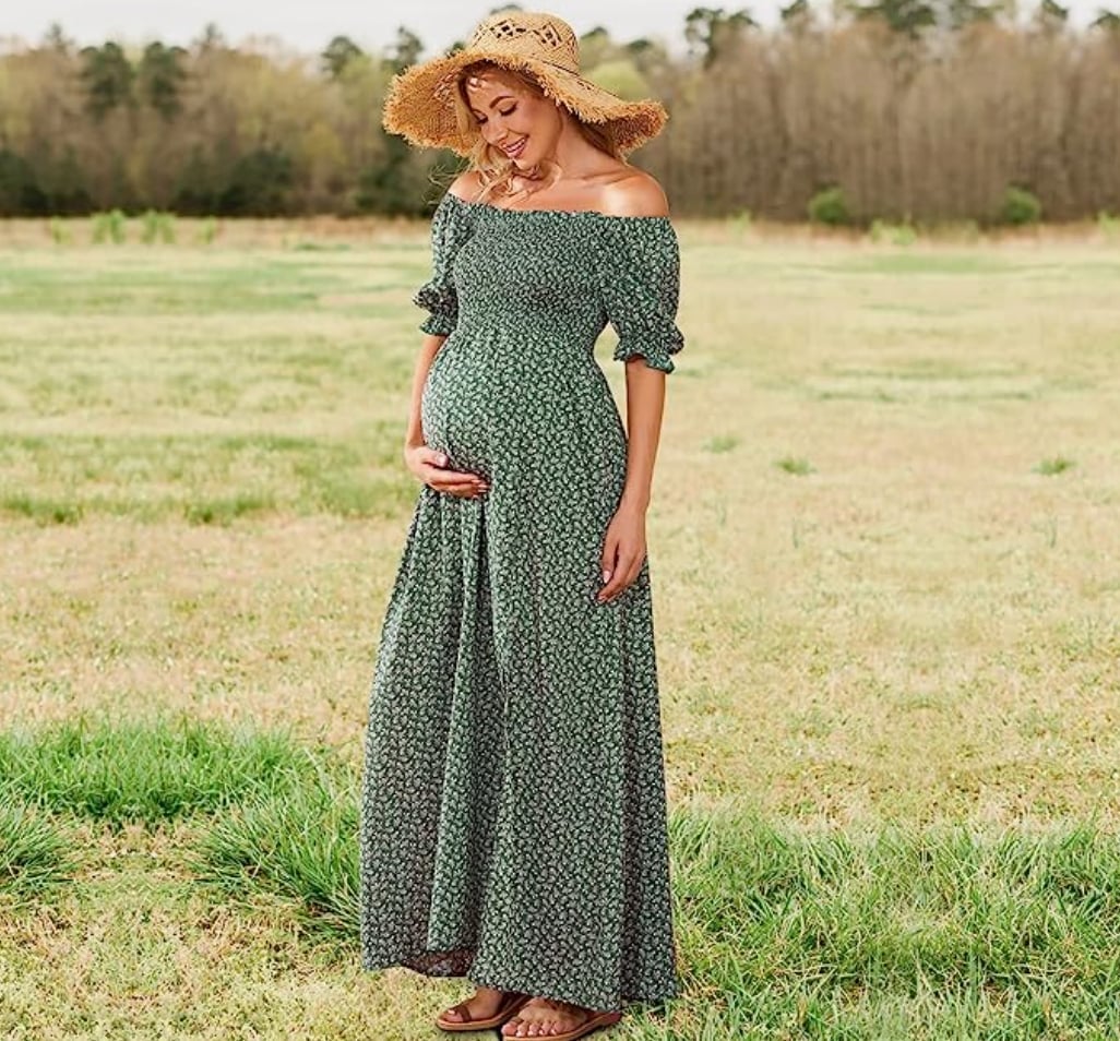 Green Floral Off-Shoulder Maxi Dress With Straw Hat — Trendy Maternity Outfits