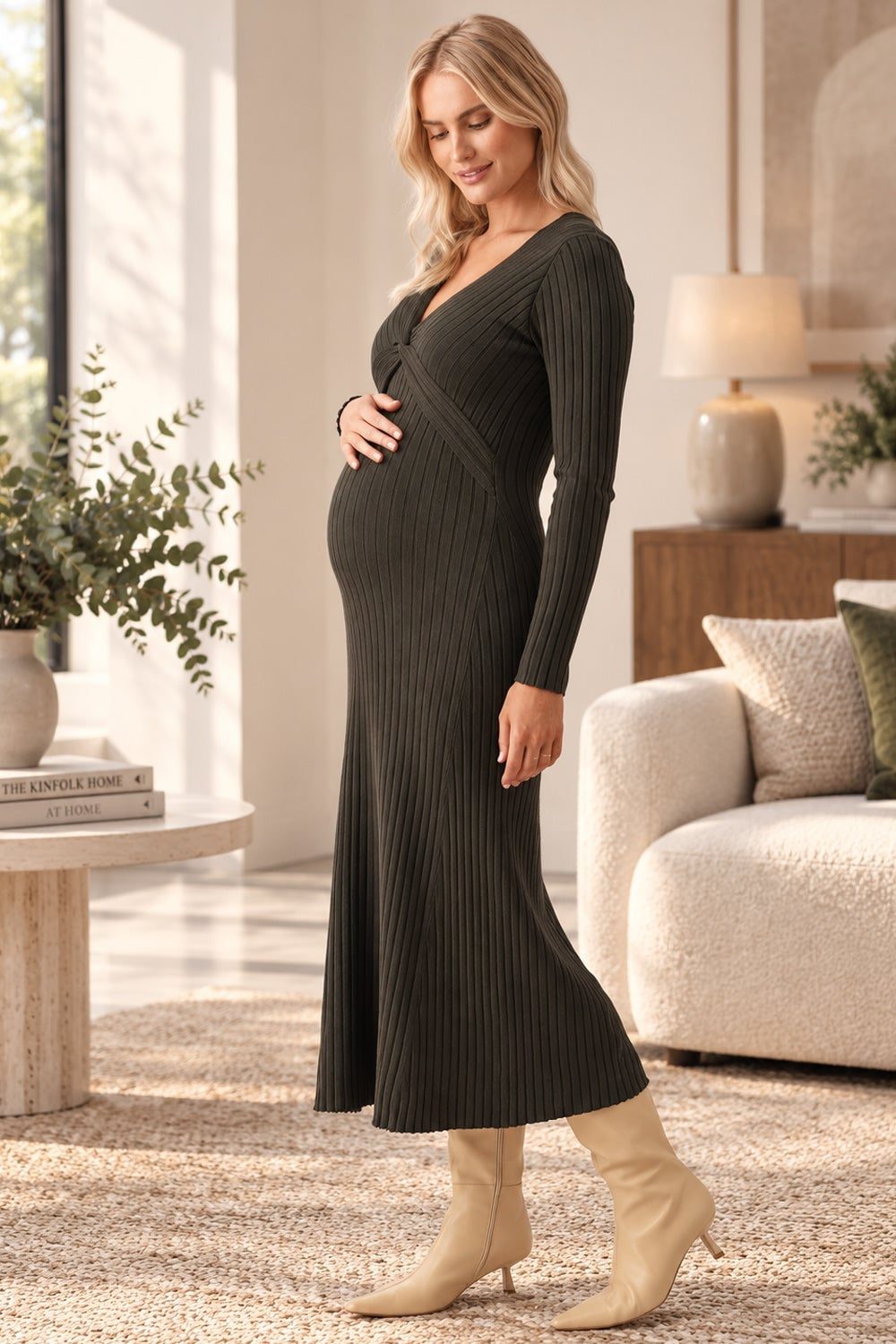 Dark Green Ribbed Knit Midi Dress With Boots — Trendy Maternity Outfits