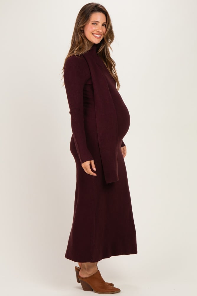 Burgundy Ribbed Knit Dress With Matching Scarf — Trendy Maternity Outfits