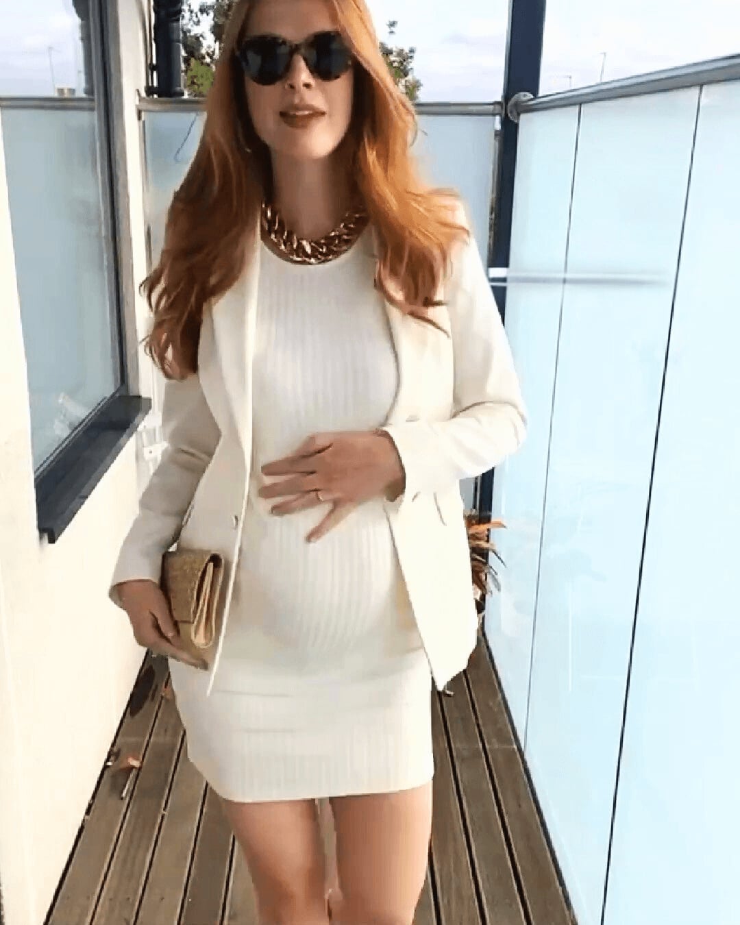 White Ribbed Dress With Oversized Blazer and Gold Clutch — Trendy Maternity Outfits