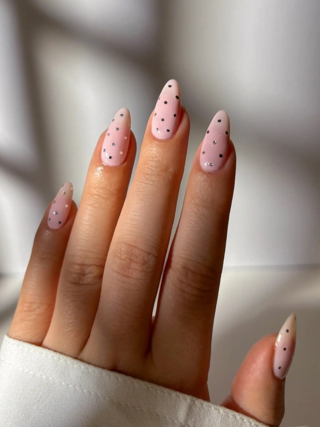 Sheer Light Pink with Silver Dots Medium Almond Nails — Trendy Medium Almond Nails