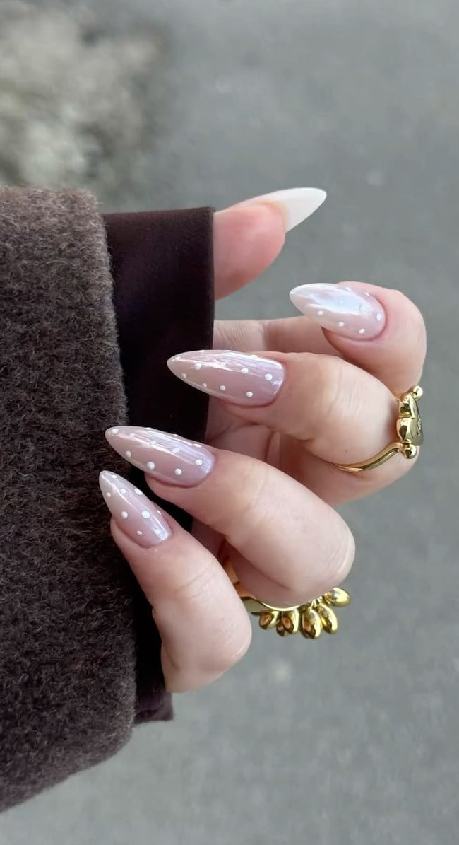 Pearly Nude with White Polka Dots Medium Almond Nails — Trendy Medium Almond Nails