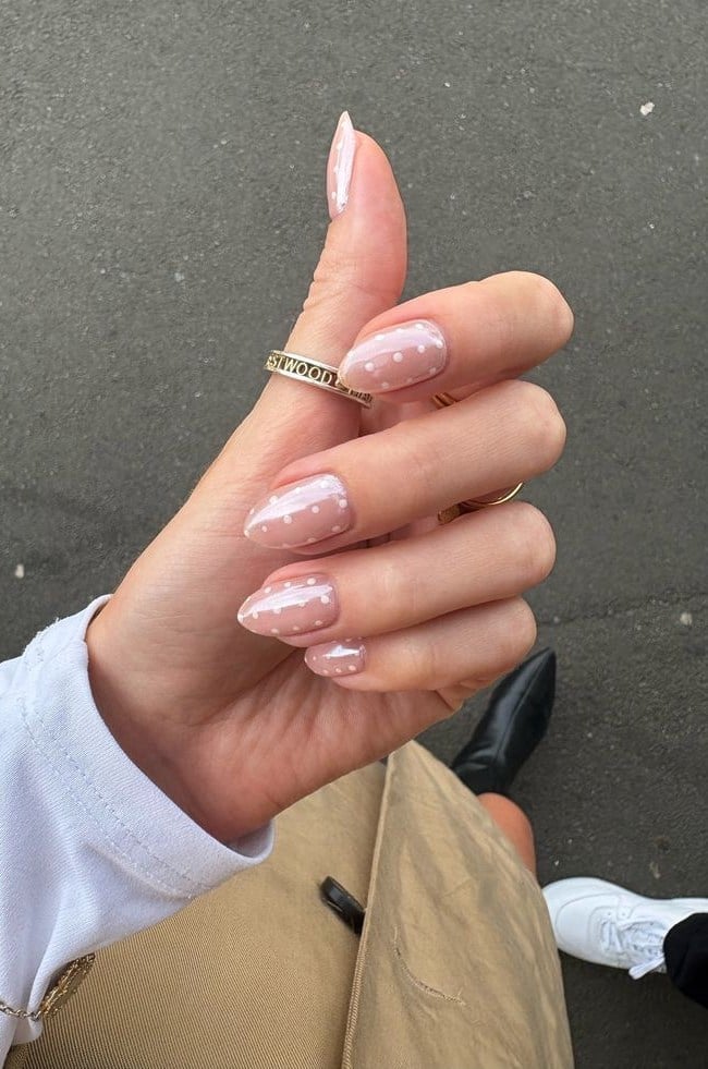 Nude with White Polka Dots Medium Almond Nails, Close-Up Take — Trendy Medium Almond Nails