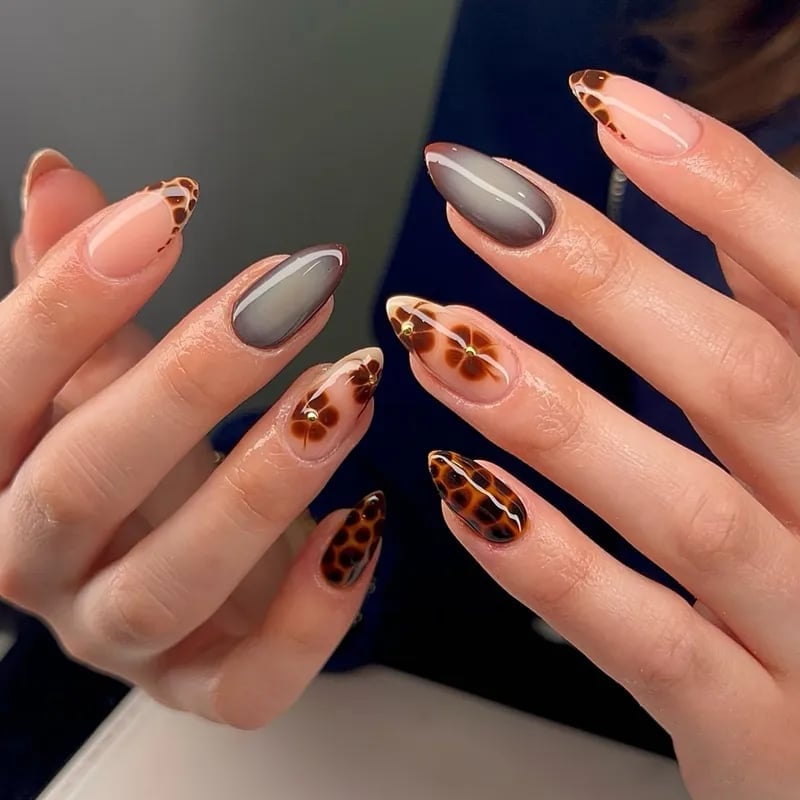 Leopard Print and Gradient Medium Almond Nails — Trendy Medium Almond Nails