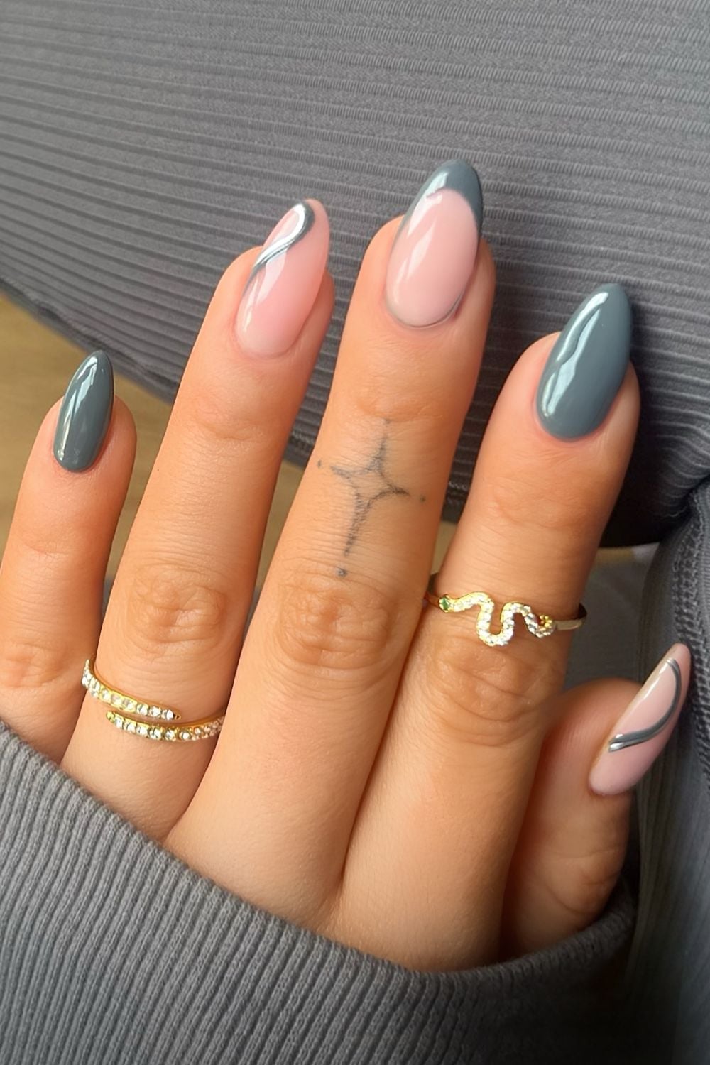Grey French with Silver Line Medium Almond Nails — Trendy Medium Almond Nails