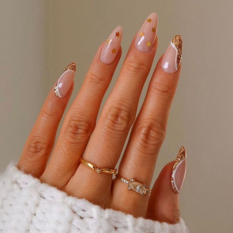 Nude with Gold Stars and Glitter Tip Medium Almond Nails — Trendy Medium Almond Nails