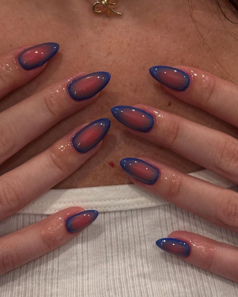 Blue and Pink Aura Gradient Medium Almond Nails — Trendy Medium Almond Nails
